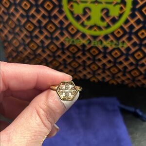 Tory Burch Hexagon Gold and Pave Ring, Size 6